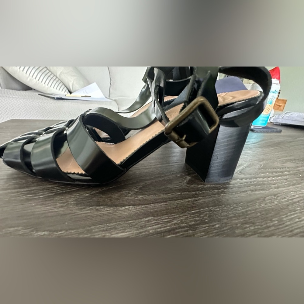 J. CREW Neutral Black Shiny Spazzolato Leather Fisherman Sandals Heels Shoes